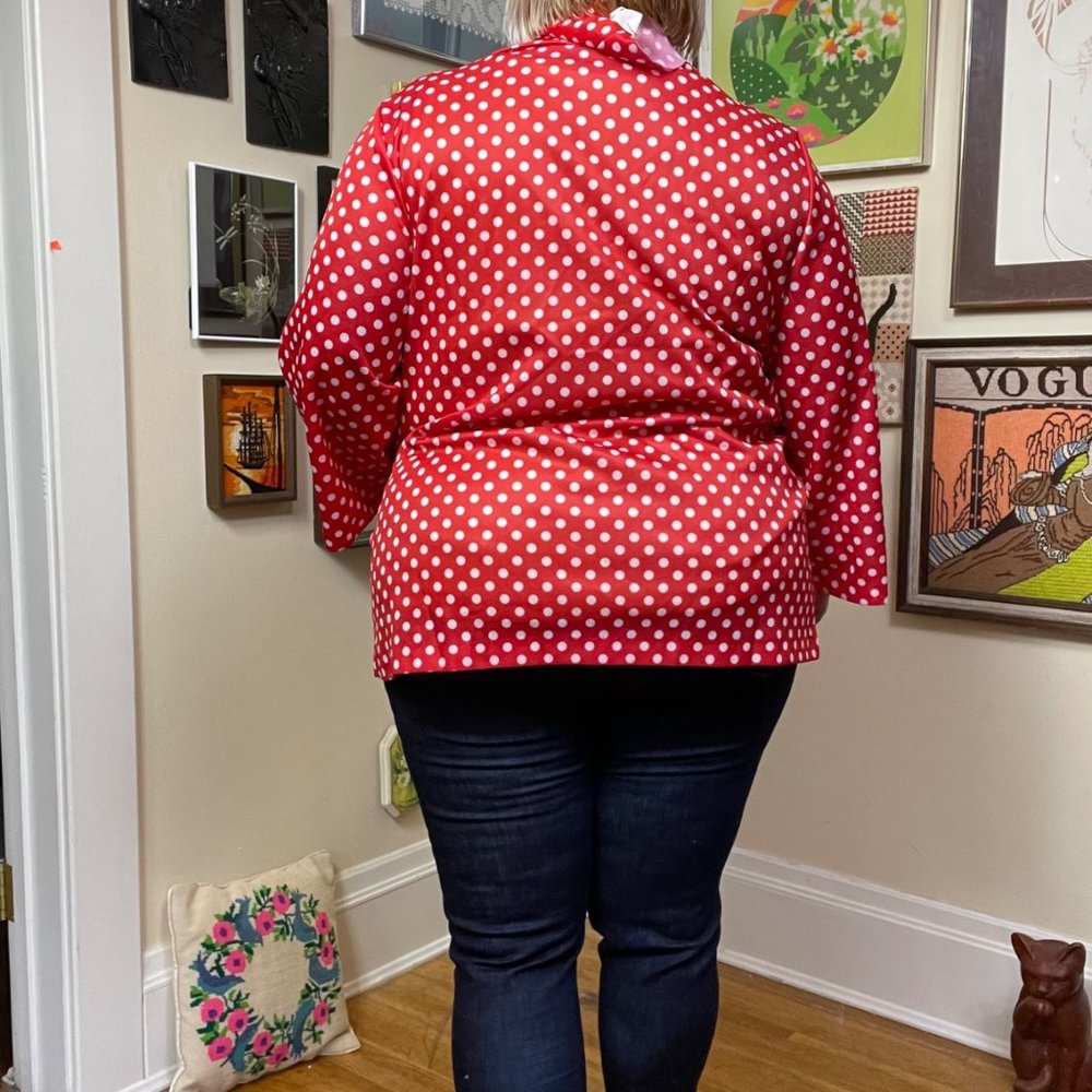 70s Red and White Polka Dot Peter Pan Collar Button Front Shirt Shacket Size 2X. - Picture 2 of 6